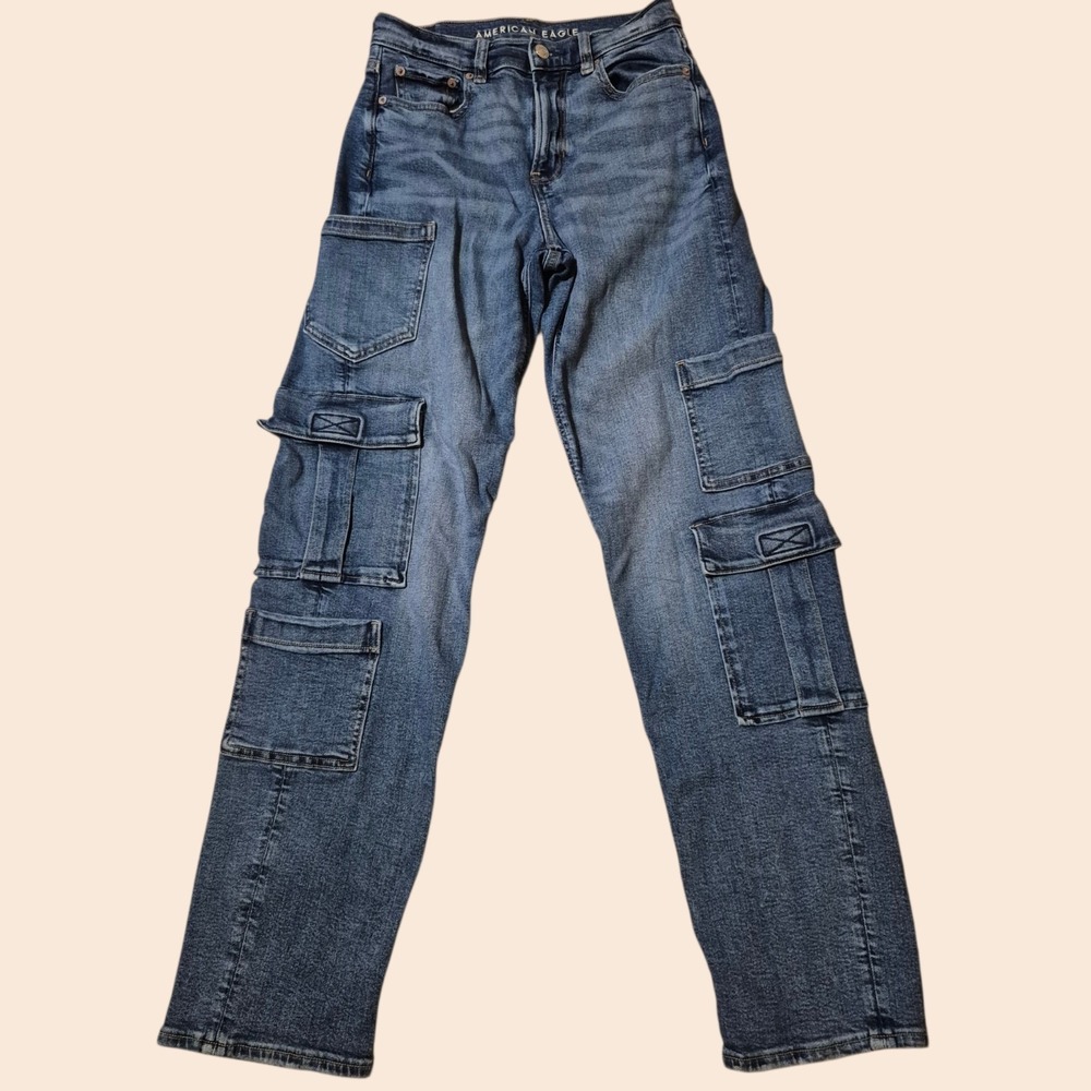 American Eagle Women's Sz 0 (26×30) Super High Rise Baggy Straight Cargo Blue